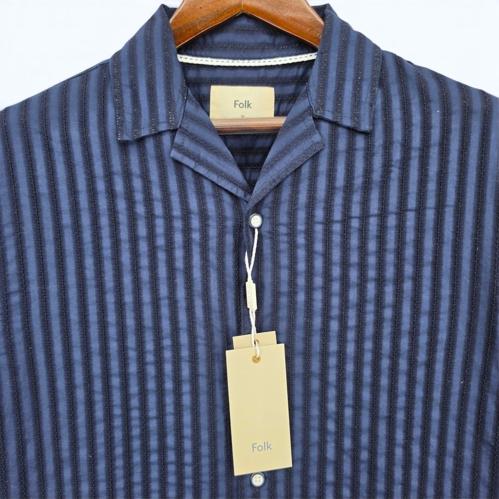 Folk Men's L Dobby Camp Shirt Navy Textured Stripe Cotton Short Sleeve NWT